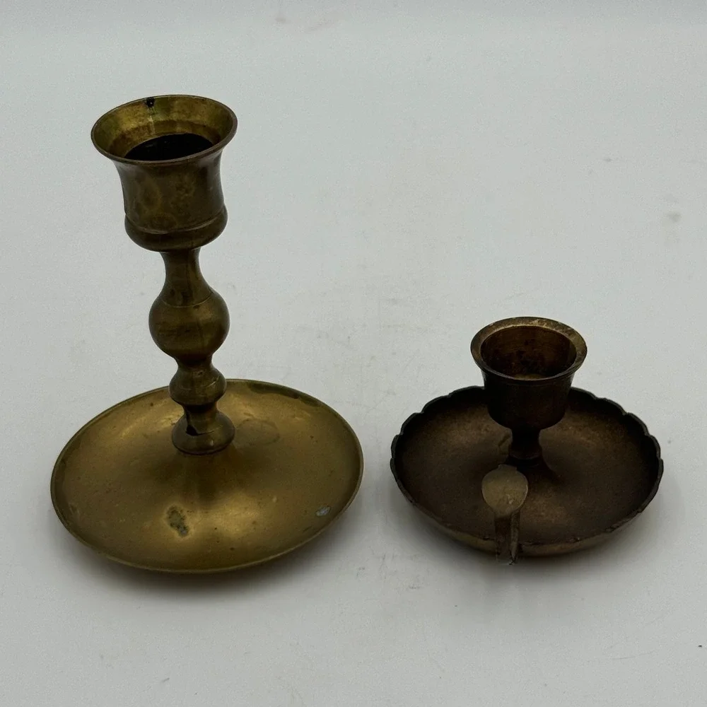 Vintage Brass Candlestick Holder Set Spindle Taper and Scalloped Chamberstick